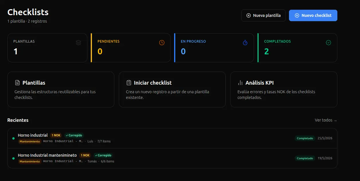 Dashboard del módulo de checklists — vista general con estadísticas y registros recientes