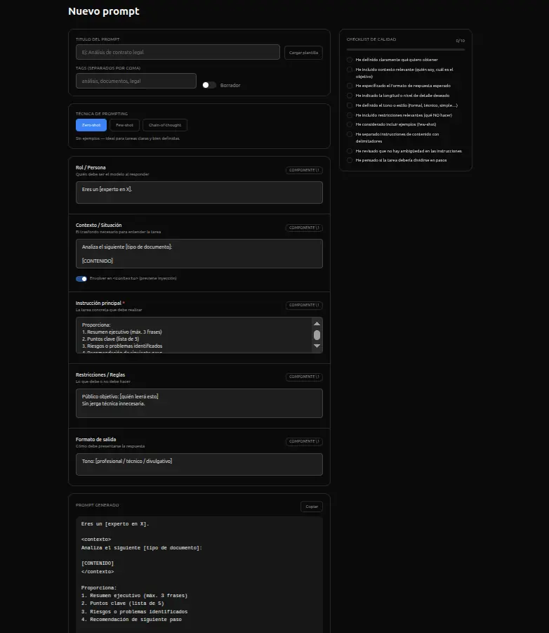 Editor de prompts IA — bloques estructurados, técnica de prompting y checklist de calidad